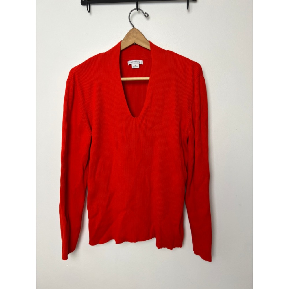 Liz Claiborne Red Ribbed Knit V-Neck Sweater 100% Cotton Long Sleeve XL RN 93677